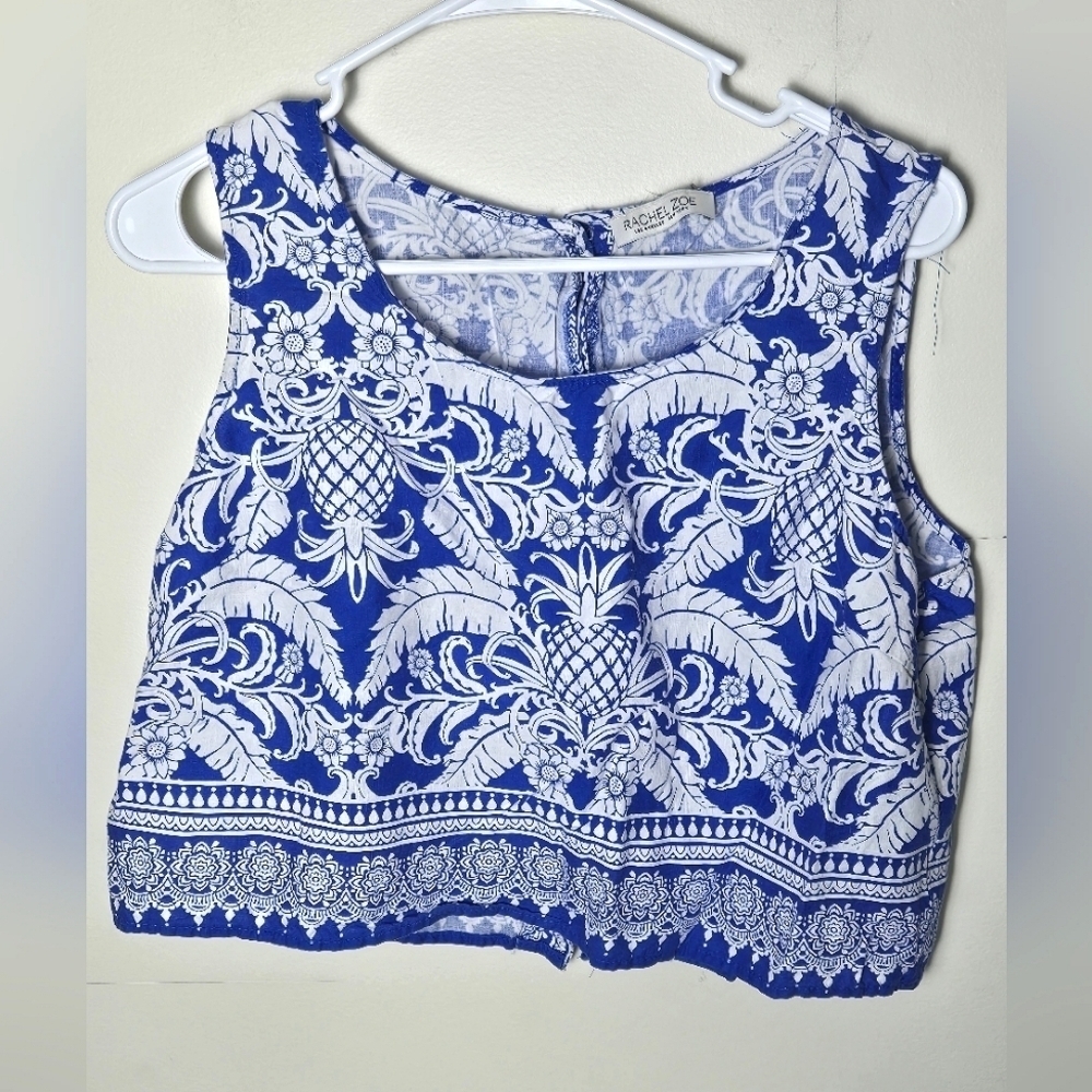 Rachel Zoe Linen Blend Sleeveless Button Back Crop Coastal‎ Resort, Large